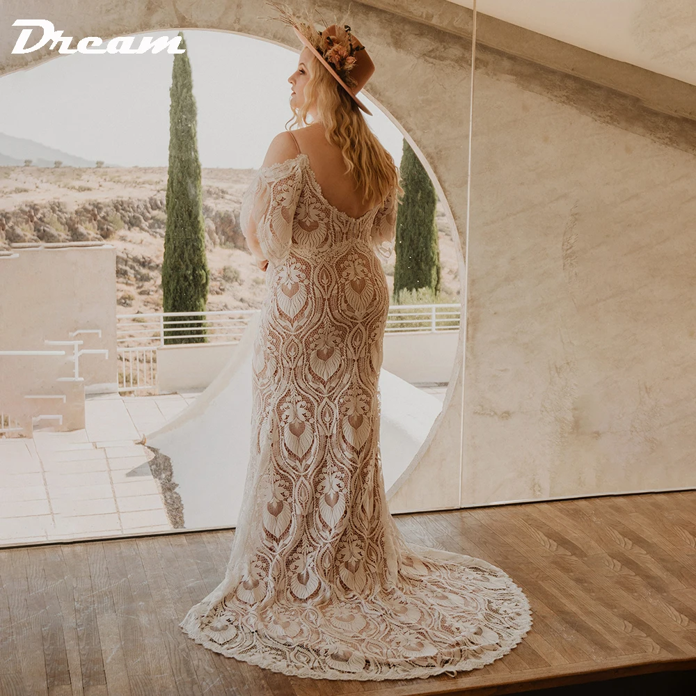 DREAM Spaghetti Strap Lace Plus Sizes Boho Wedding Dress Off Shoulder V Neck Backless Cut Out Mermaid Bridal Gowns 2023