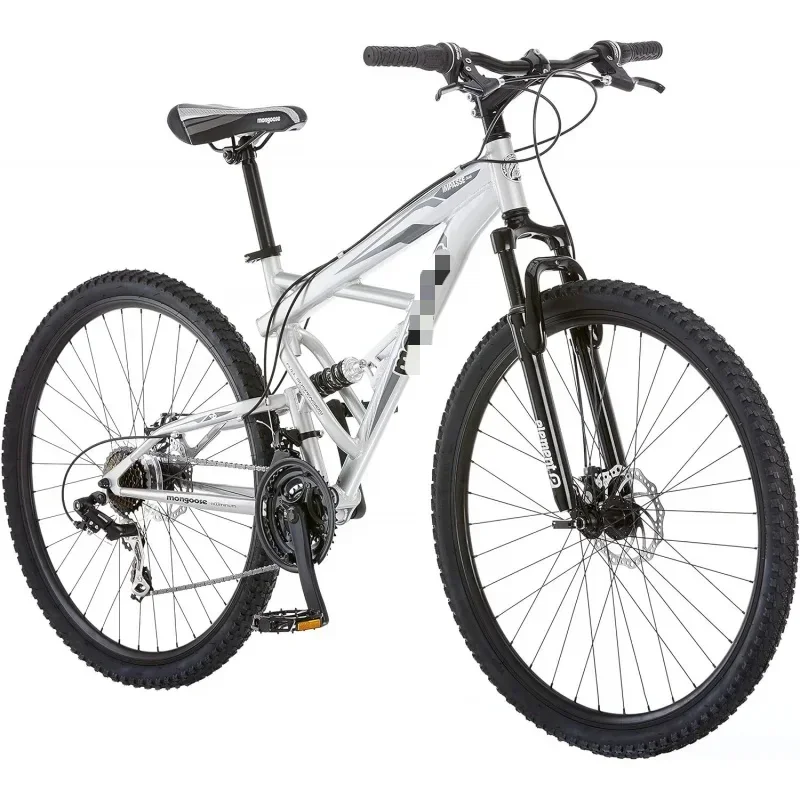 

Yy2amongoose impasse full suspension mountain bike, aluminum frame, front rear disc brakes, twist shifters, 21-speed rear derail