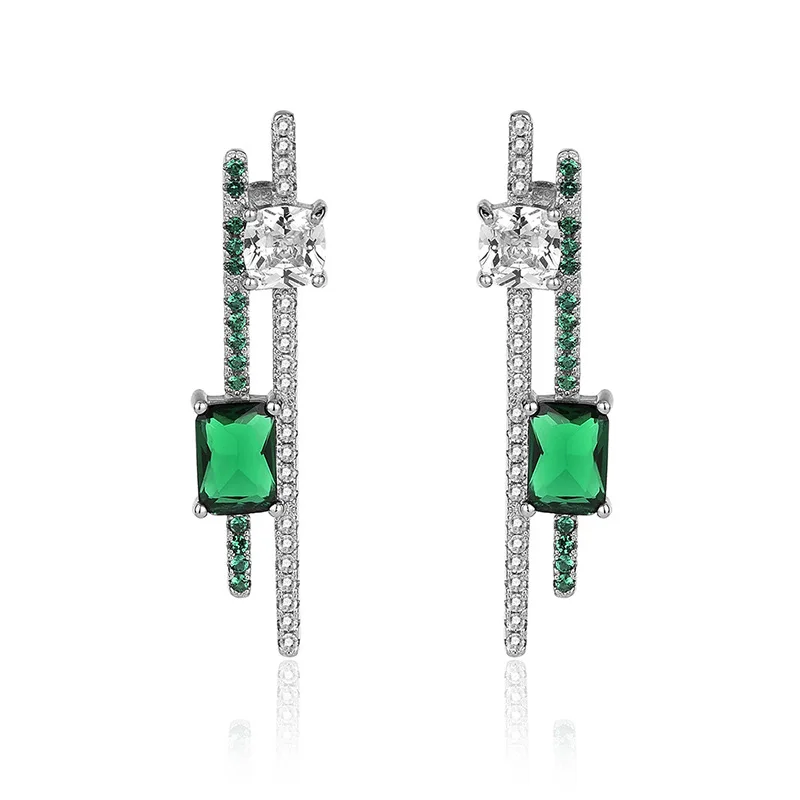 Architecture Style 925 Sterling Silver Square Emerald Long Ear Stud Geometric Drop Dangle Exaggerated Earring Fine Jewelry Gifts