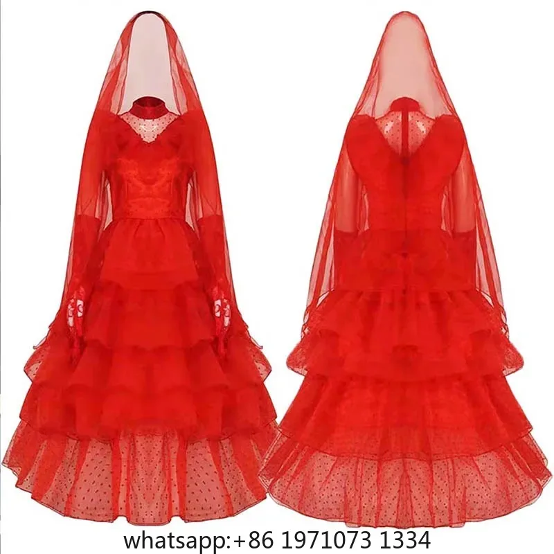 Lydia Deetz Costume with Gloves Scarf Lydia Women Wedding Dress Gothic Red Gown Halloween Outfits with Veil Beetle Bride Cosplay