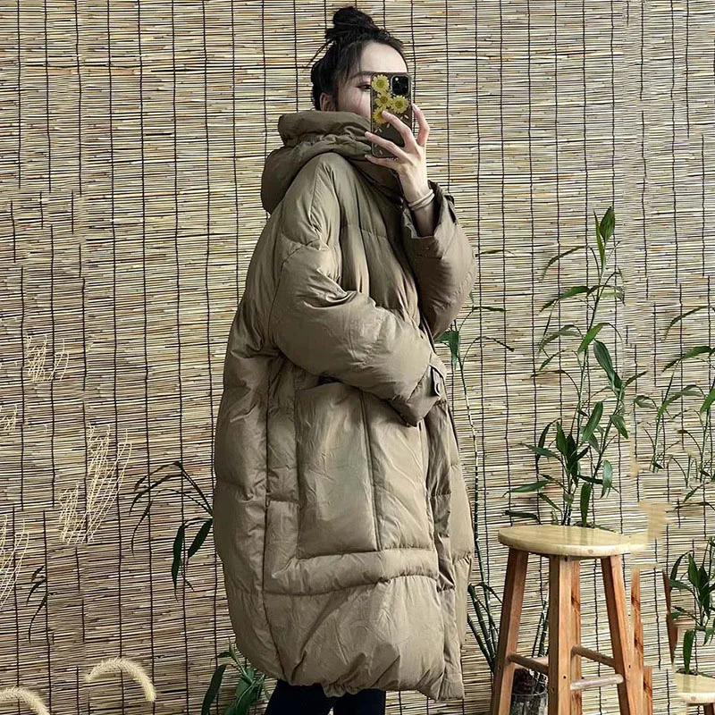 Schinteon mulher pato branco para baixo jaqueta longa com capuz solto sobre tamanho casaco outono inverno quente outwear estilo coreano grandes bolsos