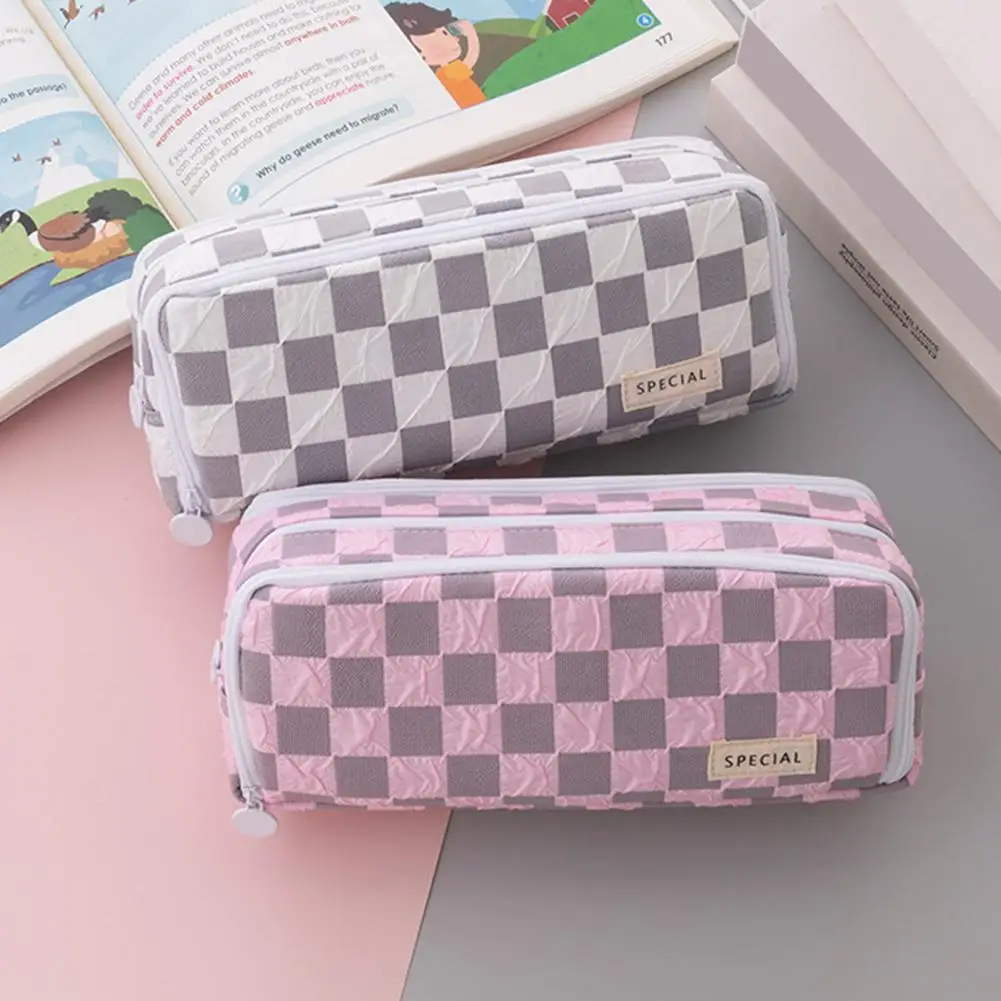 School Supplies Capacity Checked Pattern Pencil Case with 3 Compartments Color Matching Zipper Closure School for Organization