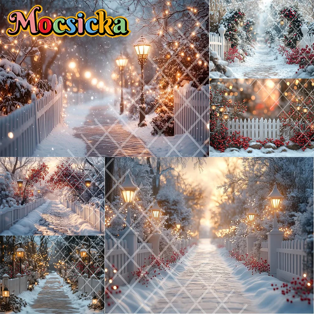 Mocsicka Photography Backdrop Snow Fence Flowers Christmas Decoration Family Xmas Holiday Portrait Backgrounds For Photographs