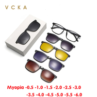 VCKA 1 Frame +5 clips Men Square Myopia Sunglasses Magnetic Clip Polarized Women Glasses Frame Optical Prescription  -0.5 ~ -10