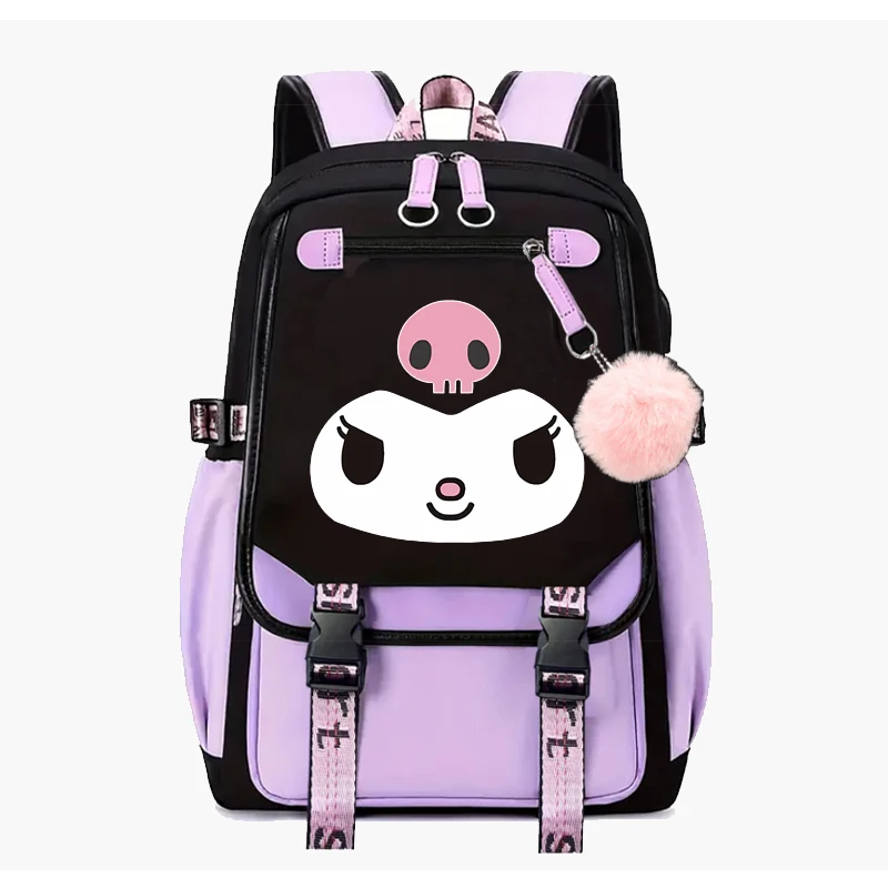 Kuromi-Mochila con estampado de dibujos animados para niños y niñas, morral Escolar con USB para estudiantes, adolescentes y mujeres