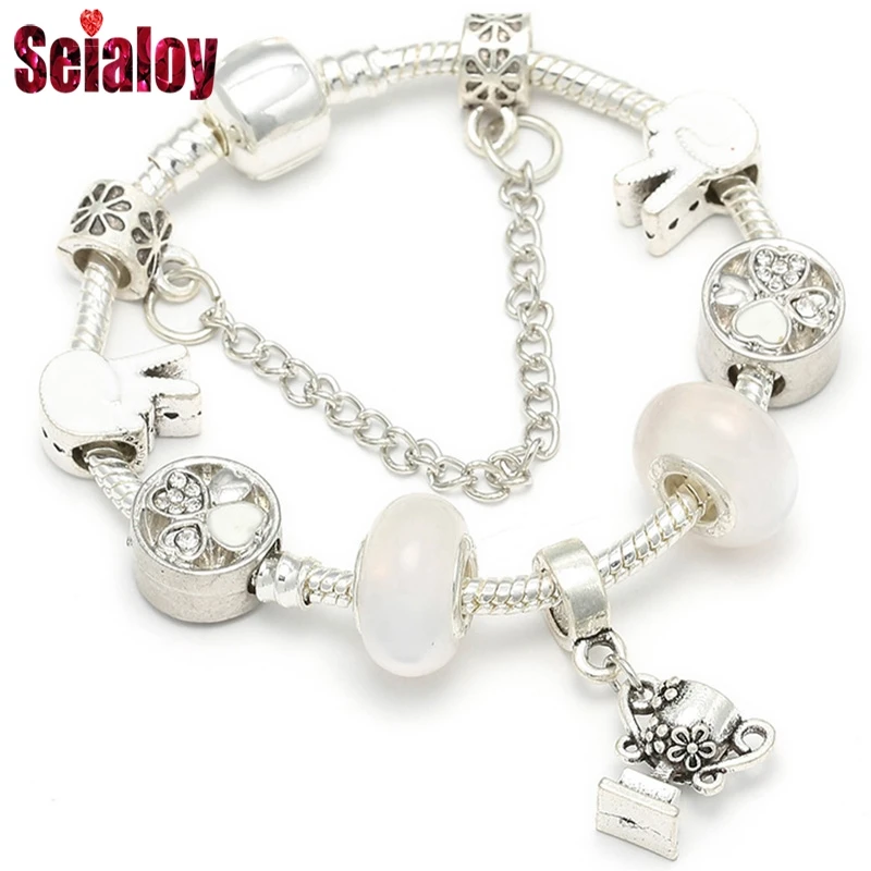 Seialoy Cute Panda Charm Bracelet For Women Plated Black White Murano Glass Beads Silver Color Brand Bracelet Girls Jewelry Gift