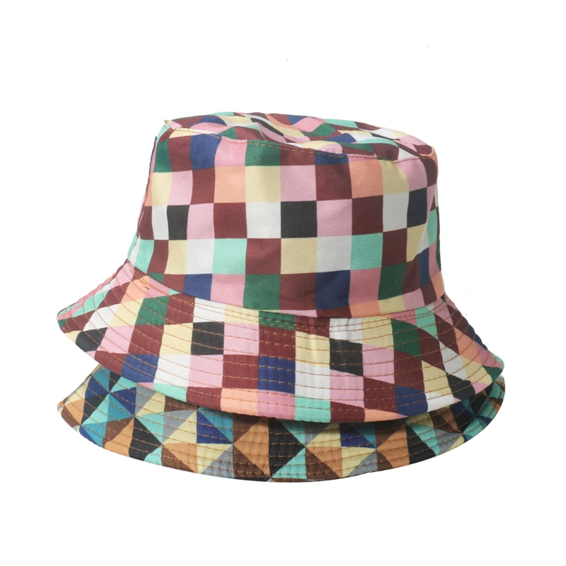 Bocca Colorful Plaid Pattern Bucket Hat Diamond Printing Fisherman Hats Double Sides Panama Cap Foldable Outdoor Sunshade Caps