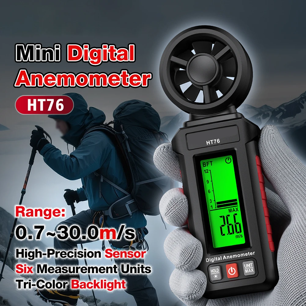 HT76 Digital Wind-Speed Meter High Accuracy ±2% + 0.5 M/s Tri-Color Backlight 8-Blade Impeller Anemometer For HVAC Maintenance