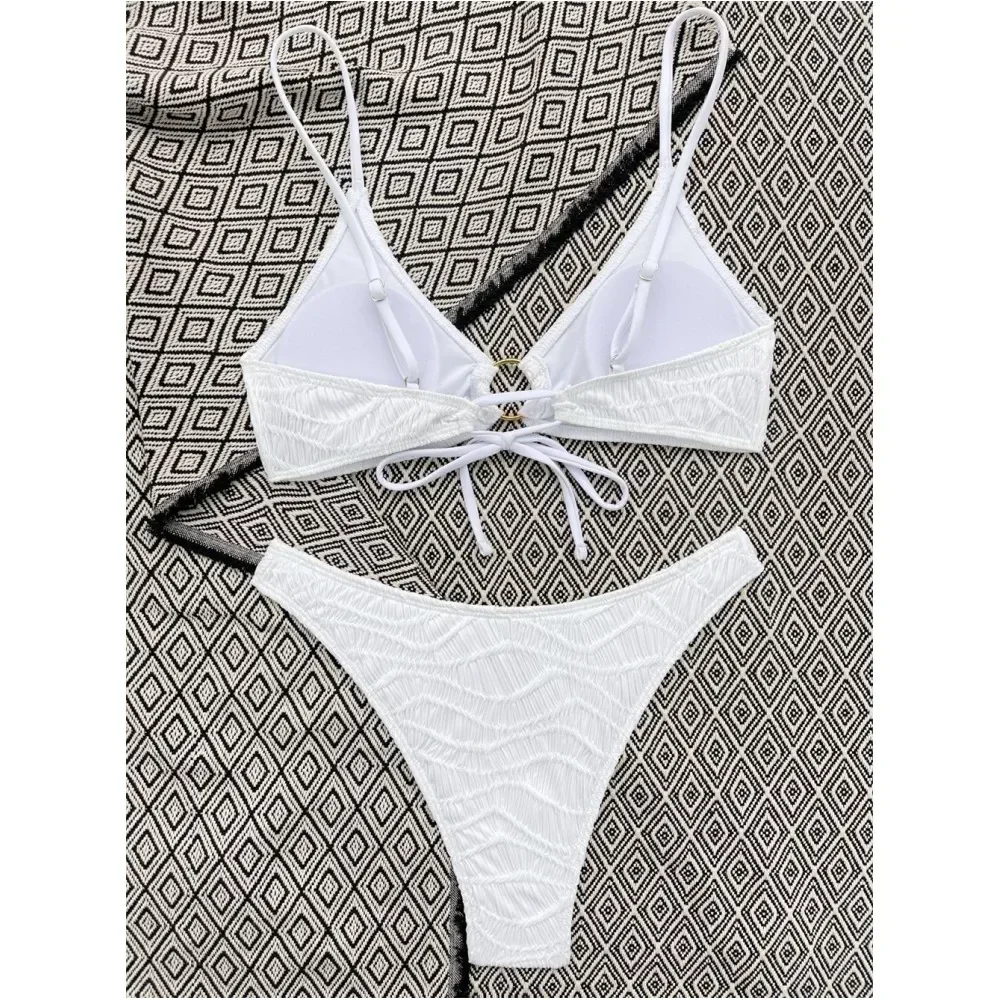 Sexy Jacquard Sling Bikini String Lace Up Backless Swimsuit Woman White Swimwear Ring Beach Outfit Bathing Suit Biquini Feminino