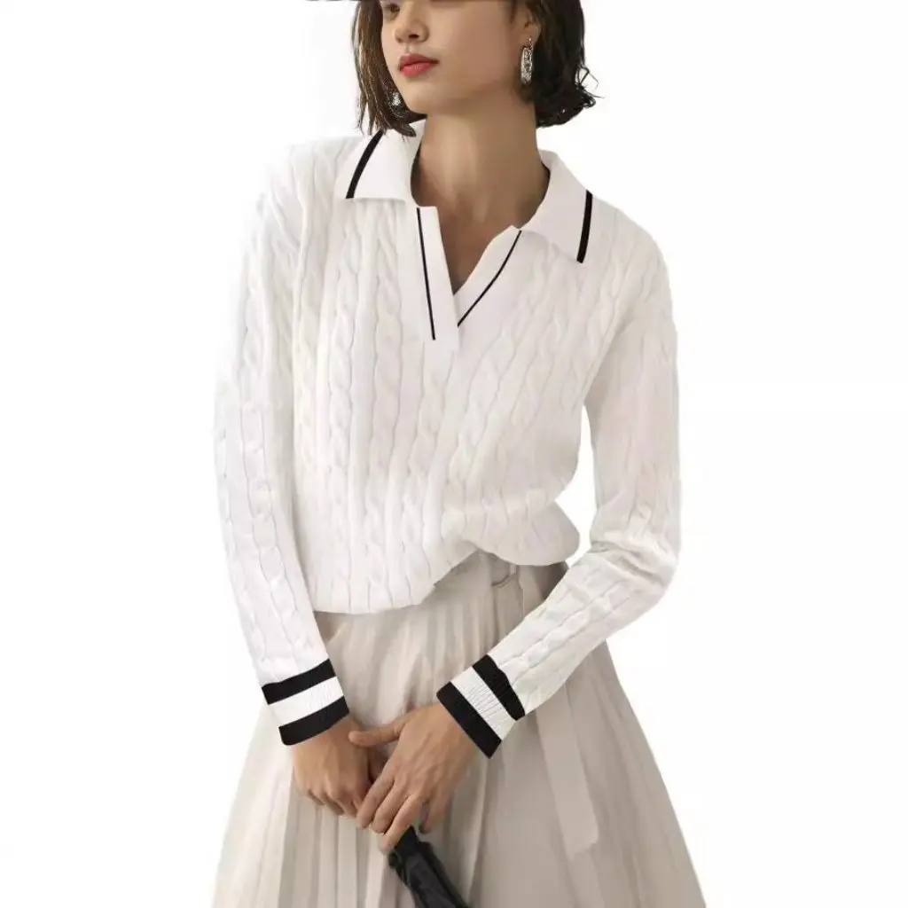 뉴 렐름 여성용 브이넥 케이블 니트 풀오버 부드러운 스웨터 가을/겨울 턴다운 칼라 캐주얼 탑 유럽 및 미국 스타일