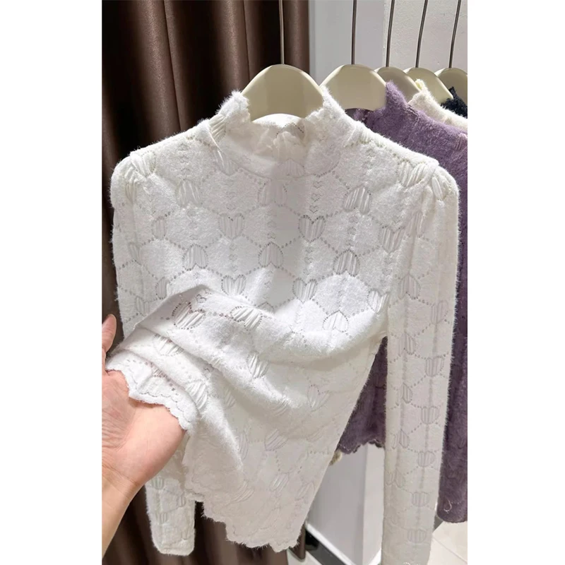 New Autumn Winter Women Fashion Fluffy Half High Collar Long Sleeve Basic T-shirt Female Hollow Elegant Solid Slim Pullover Tops