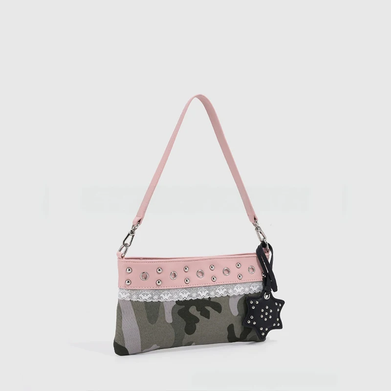 Y2k Camouflage Shoulder Bag Fashionable Retro Color Blocking Lace Studded Handbag Retro Street Style Women's Shoulder Bag Purse