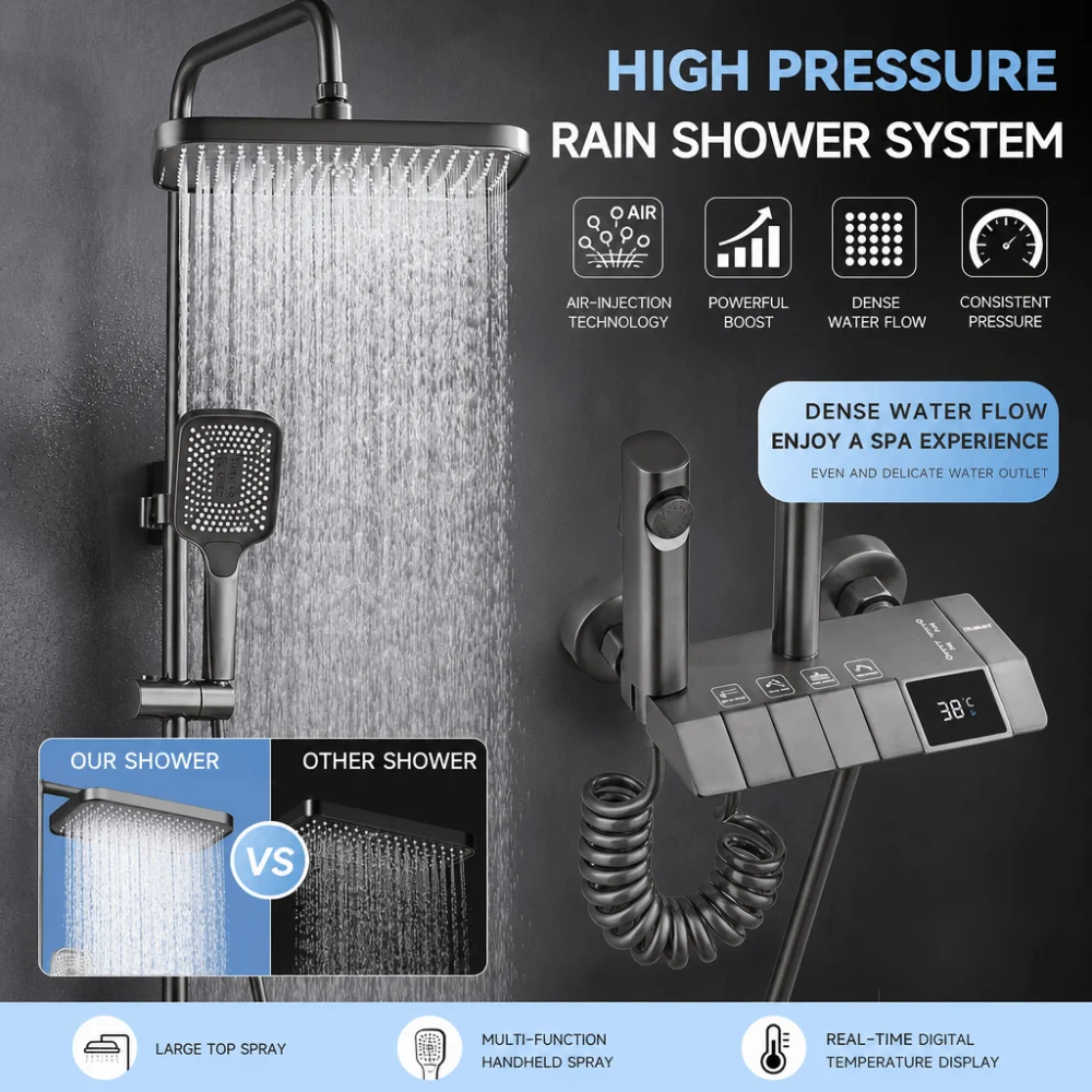 

Grey Shower System High Pressure Piano Button Digital Shower Faucet Set Intelligent Temperature Display Rainfall Shower Set