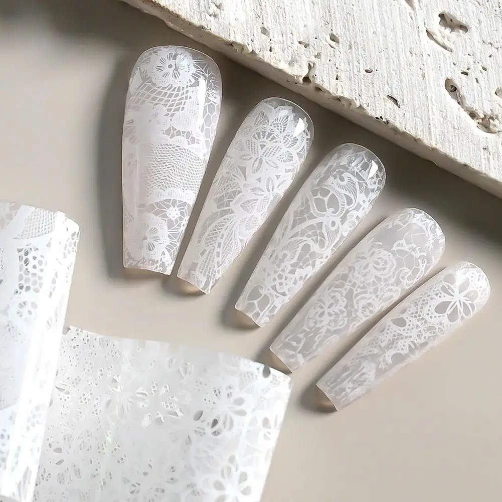 Sexy schwarz-weiße Spitzen-Nagelkunst-Transferaufkleber, 10 Rollen floraler, wasserfester Nagelfolie zum vollständigen Umwickeln, einfach anzuwendende selbstklebende Maniküre – Detail 7
