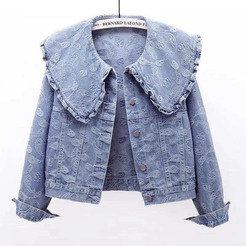 Peter Pan Collar Long Sleeve Denim Jacket Women Loose Short Student Cowboy Outerwear Korean Light Green Jeans Jacket Coat Female