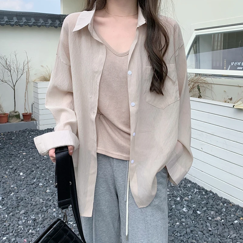 

Летняя женская блузка из ледяного шелка с защитой от солнца, свободного кроя, тонкая, длинная, повседневная, в корейском стиле, удобная