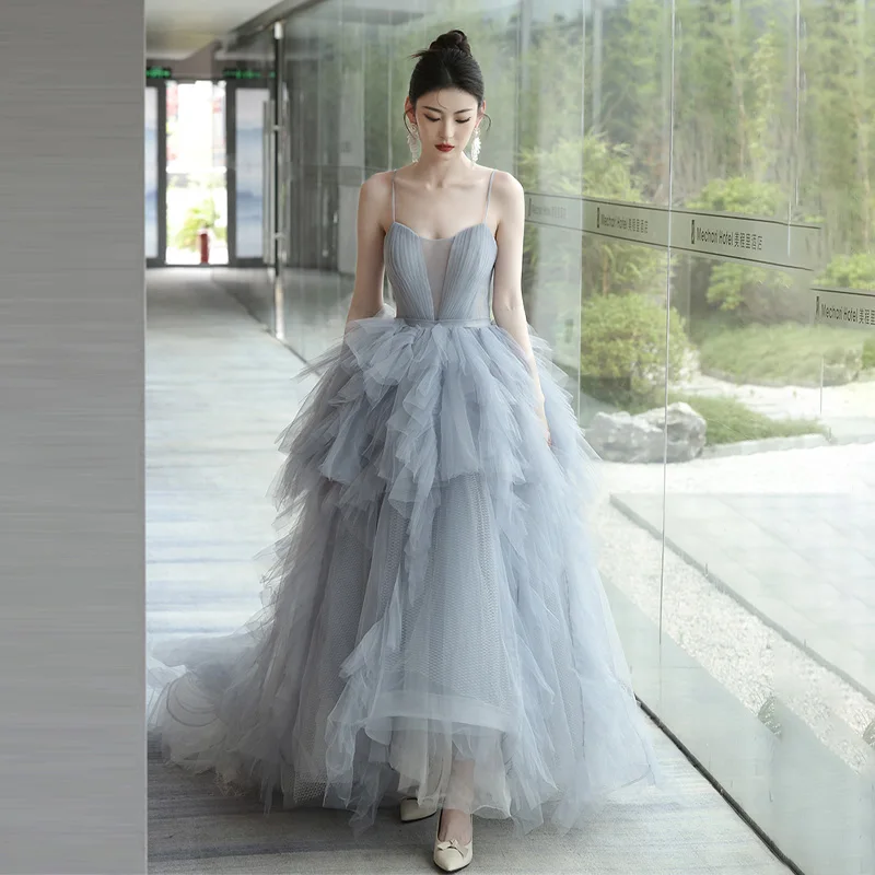 

It's Yiiya Customized Evening Dress Gray Tulle A-line Floor-length Ruffles Trailing Plus size Women Party Formal Gown A3065