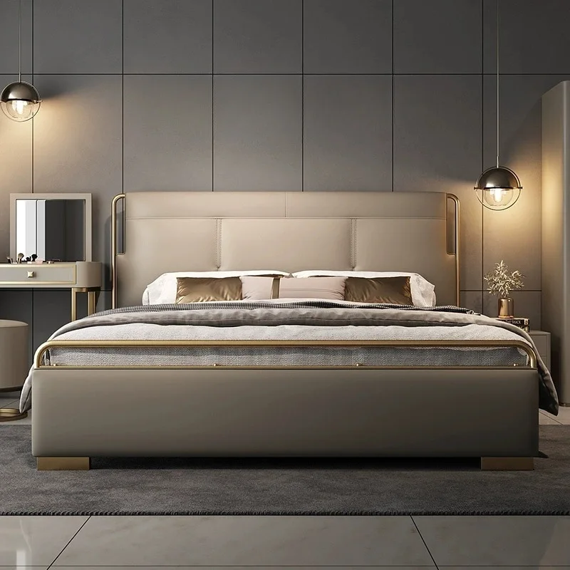 # Rectangular Layered Headboard Leather Bed for Bedroom, Plush Soft Bed with Segmented Upholstery & Chic Gold Accents