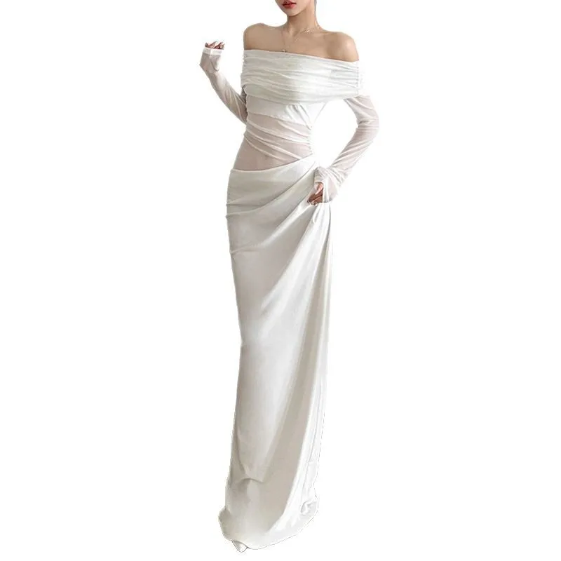 2025年春夏新作コレクションでは、エレガントで個性的なワンショルダーシフォンカットアウトのセクシーなレディースドレスが登場します。