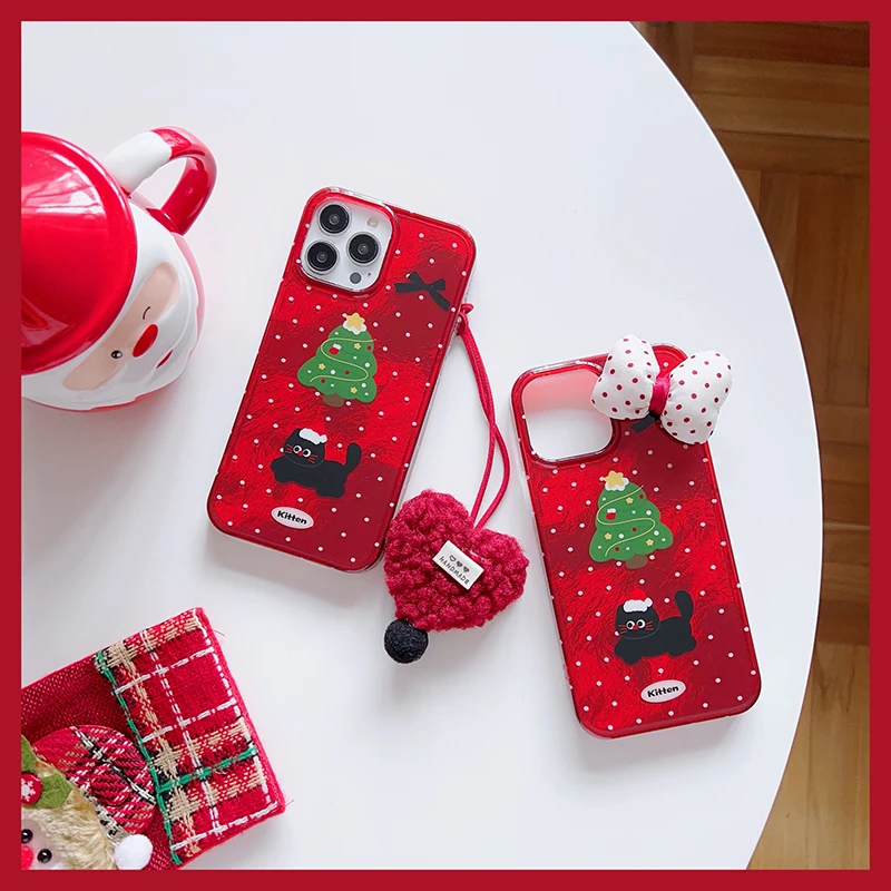 Korea cute christmas red phone case for iphone 16 15 14 13 Pro Max Girls New Year Black Cat Christmas Tree Protective Case