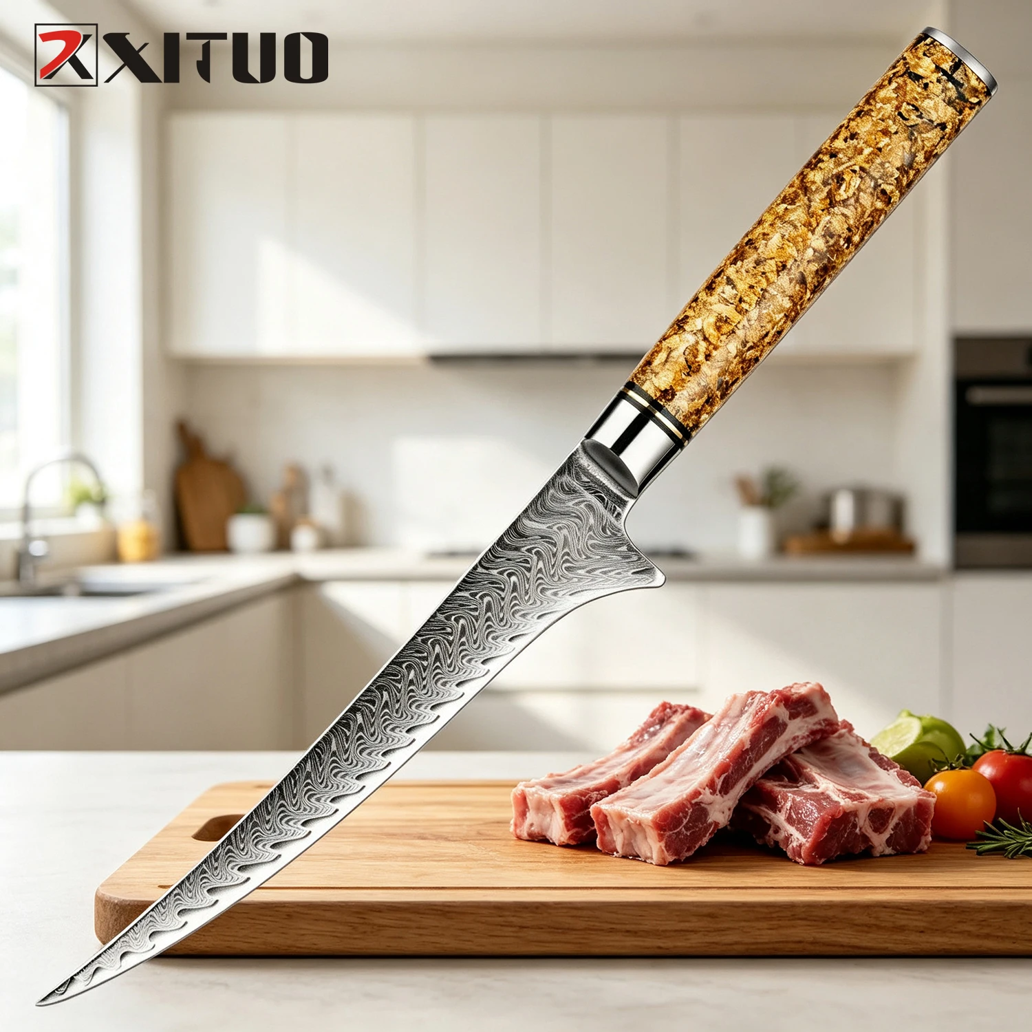 XITUO Boning Knife 6 Inch, Damascus Steel Sharp Kitchen Deboning Knives for Meat Cutting,Fish Knife, Resin and Gold Leaf Handle