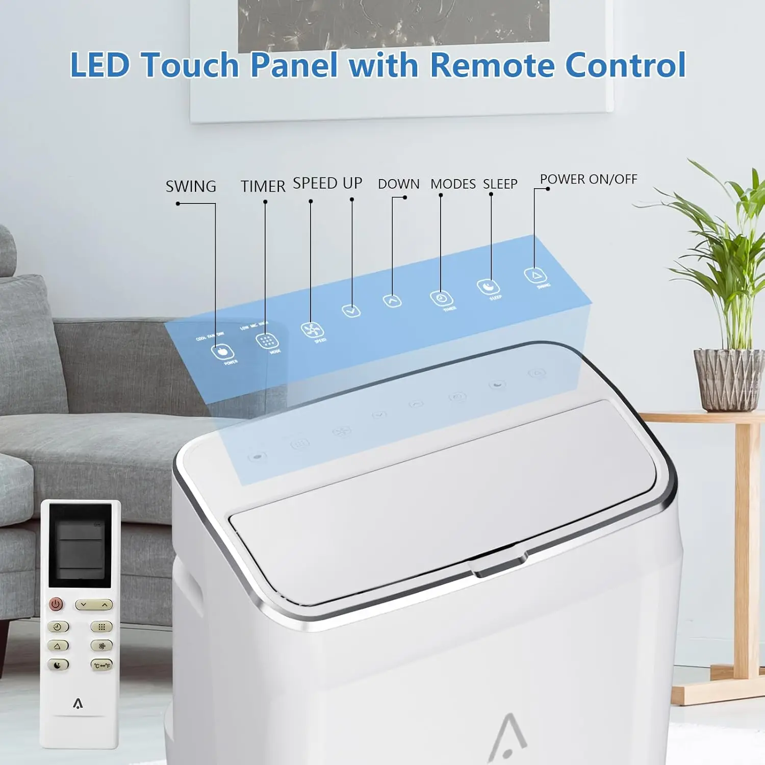 Ar condicionado portátil com controle remoto, 3 em 1 unidade de CA, desumidificador, ventilador com display digital para quarto, 14,000BTU