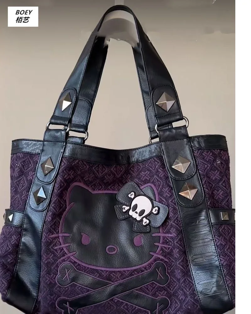 Sanrio Hello Kitty Vintage Patchwork Purple Armpit Bag Subculture Y2K Sweet Spicy Girl Handbag Gothic Trend Versatile Tote Bag