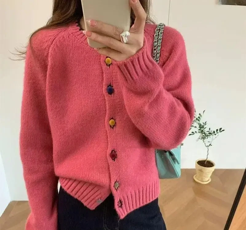 

Soft Cozy Knitted Open Cardigan round Neck Color Button Loose Fit Autumn Winter