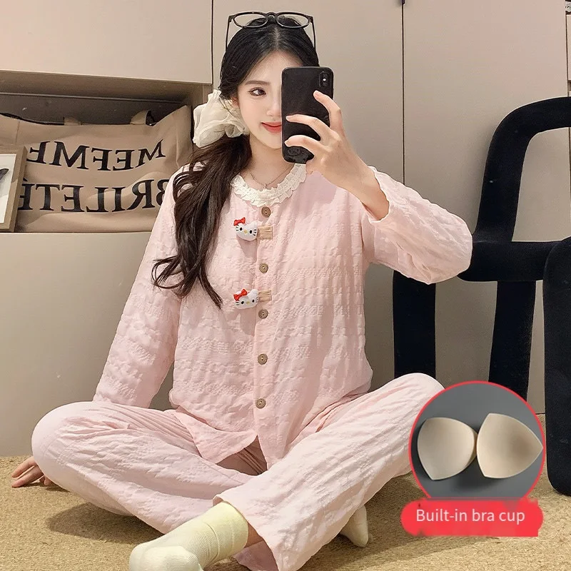 

Sanrio Hello Kitty для молодой девушки с нагрудником, пижама Kawaii, студенческий зимний комплект с длинными рукавами и длинными брюками, комплект домашней одежды, новый