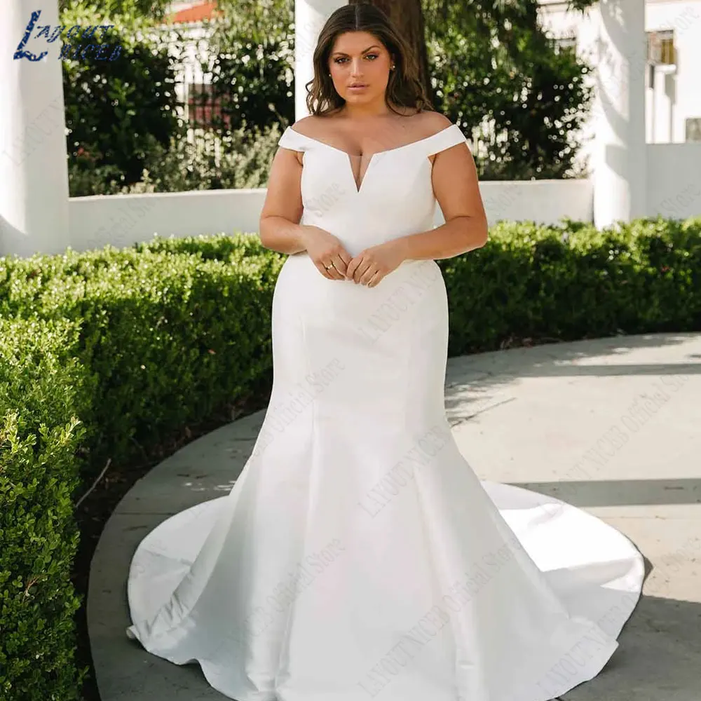 LAYOUT NICEB Satin Mermaid Plus Size Bride Dresses 2024 Short Sleeves Off Shoulder Wedding Gowns Back Buttons Big Bow vestidos