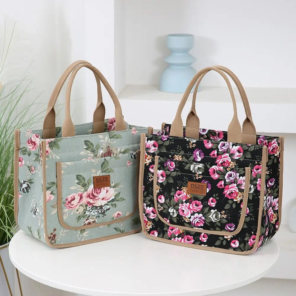 Aesthetic Floral Print Lunch Bag Insulated Large Capacity Lunch Bag Thermal Cooler Handbag For School Work Travel Picnic