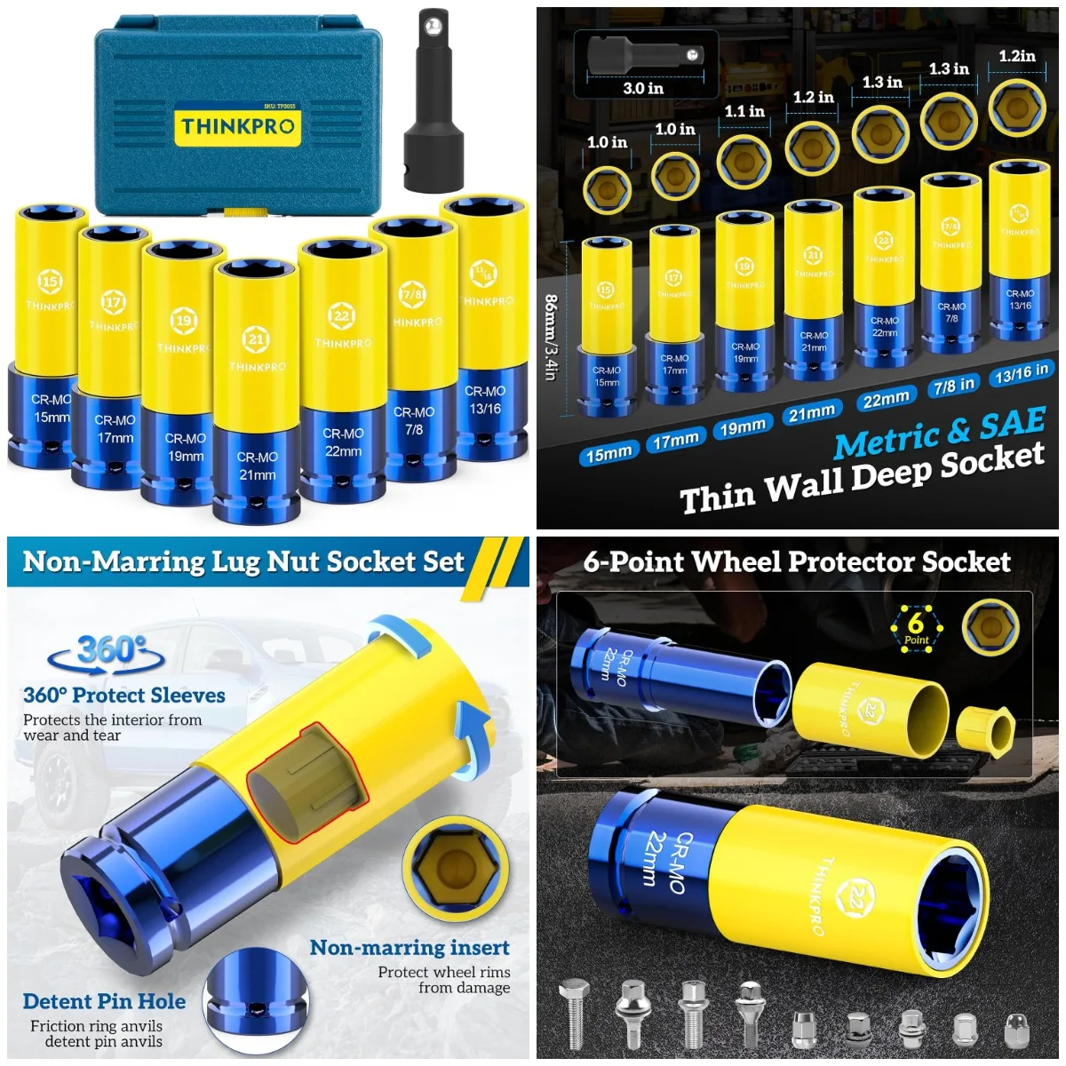 

8-Piece Impact Lug Nut Socket Set, 1/2' Deep, Non-Marring, Metric & SAE, Cr-Mo Steel