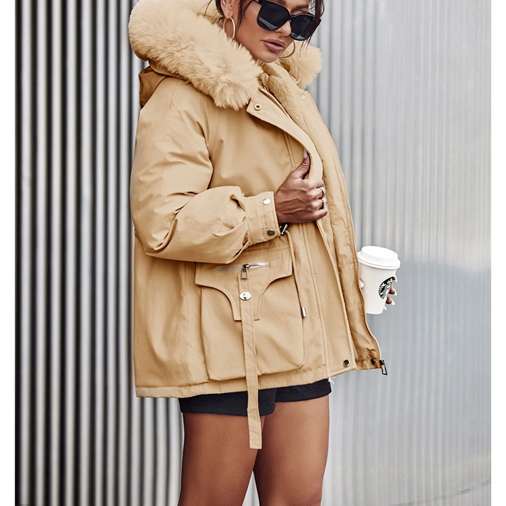 2023 Winter New Fashion Women Faux Collar Hooded Warm Coat Outwear Femme Casual Zipper Pocket Decro Draw String Short Jackets