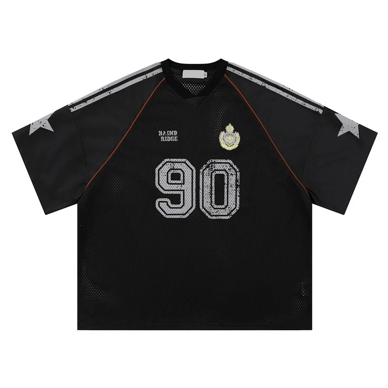 2024 New American Internet Celebrity Mesh 90 Graffiti Star Badge Style Rugby Jersey Loose Short Sleeve Tshirt