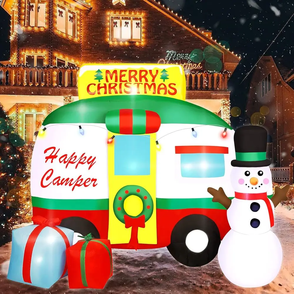 Christmas Inflatable RV with Snowman, Wreath and Gift Boxes, Lighted Outdoor Lawn Decorations