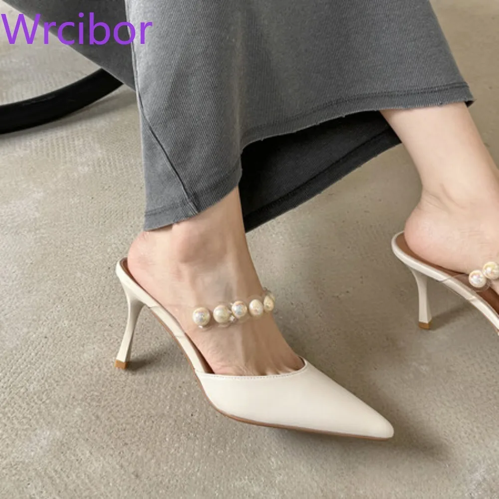 

Internet Celebrity Style, Sexy, High Heels, Pointed, Baotou Slippers, with Diamond or Pearl, Fashion Generous Women Sandals