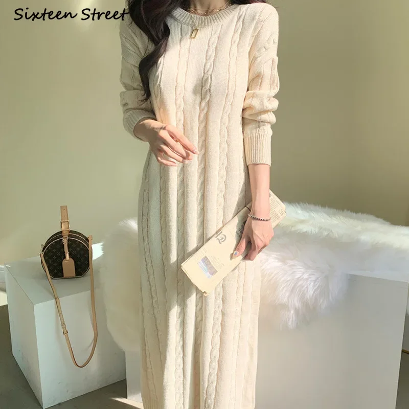 

Korean Knitting Dress for Women Autumn Winter O-neck Elegant Long Sweater Dress Vestido Fall New Oversized apricot Knit Clothing