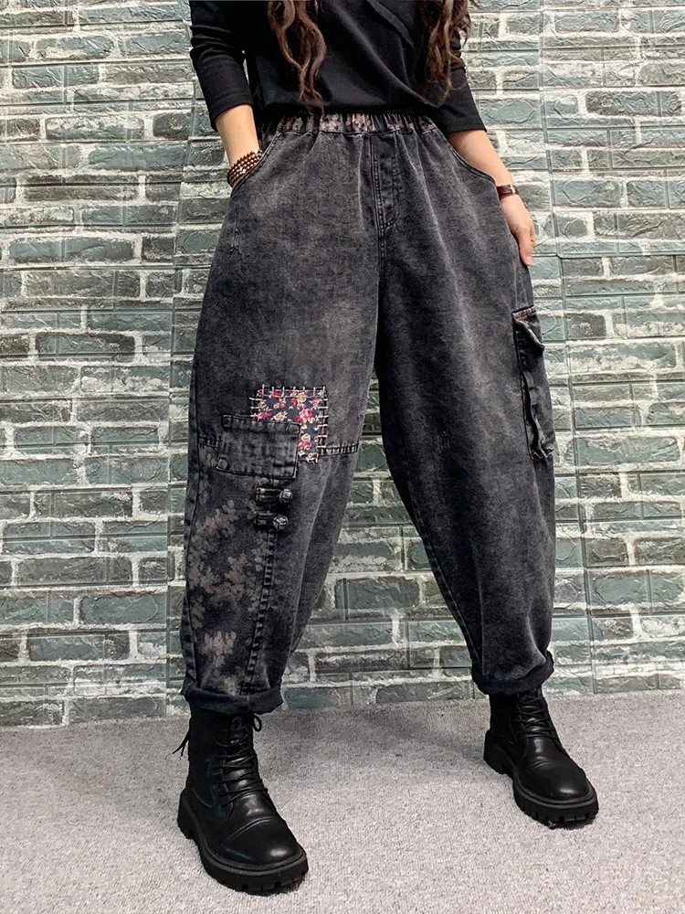 Amax LuluE 2025 الخريف السيدات الدنيم السراويل فضفاضة عادية الأزهار الجينز المرأة عادية الكلاسيكية التطريز خمر الشرير الحريم بنطلون #4