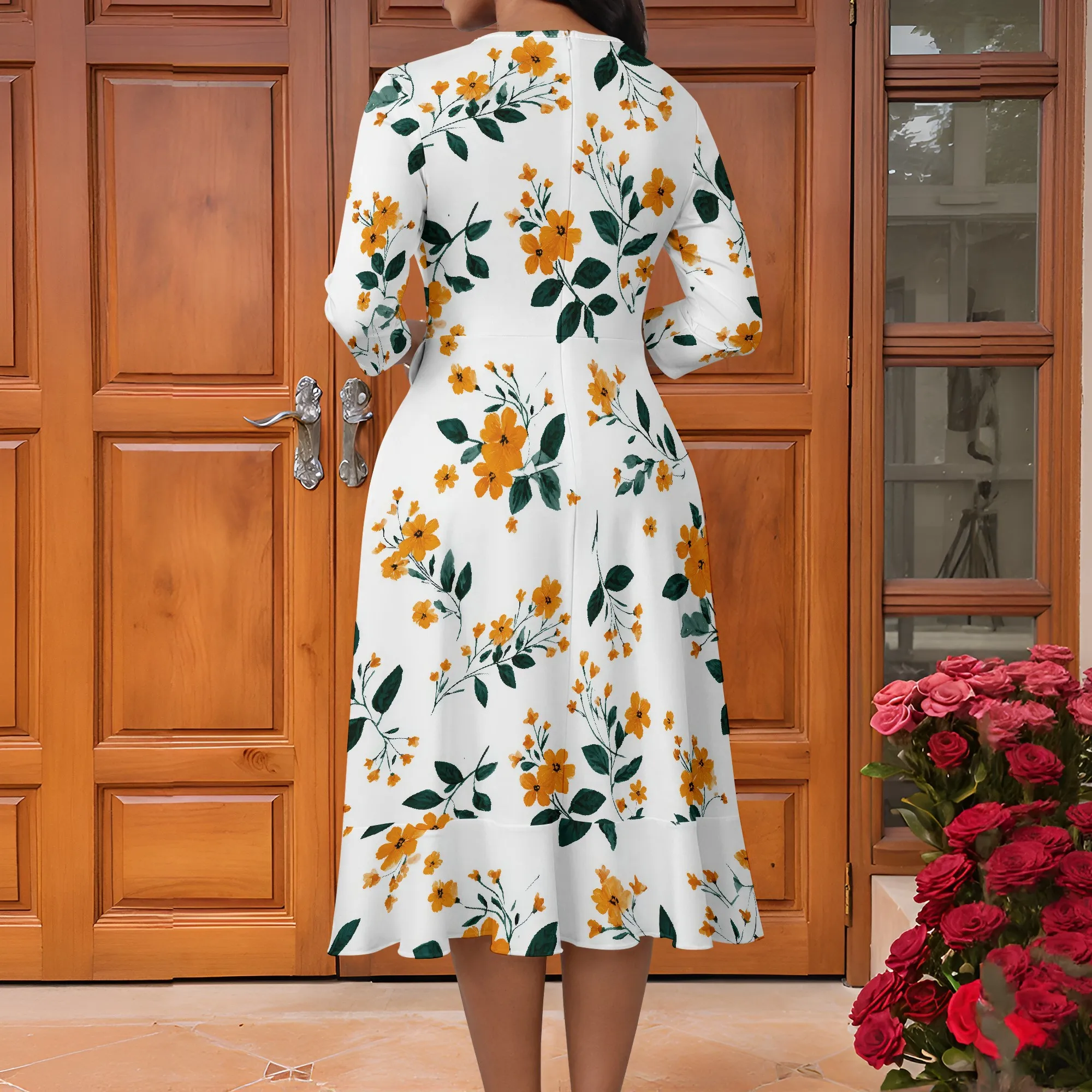 ผู้หญิงสบายๆเอวสูง V คอ 3/4 แขนเสื้อ Midi ชุดพิมพ์ Flowy แฟชั่น Boho งานแต่งงาน Sundress