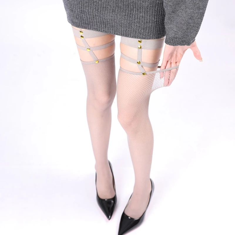 Hollow Mesh Stockings Gothic Elastic Ladies Long Socks Breathable Fishnet Female Over Knee-high Sock Metal Rivets Sexy Stockings