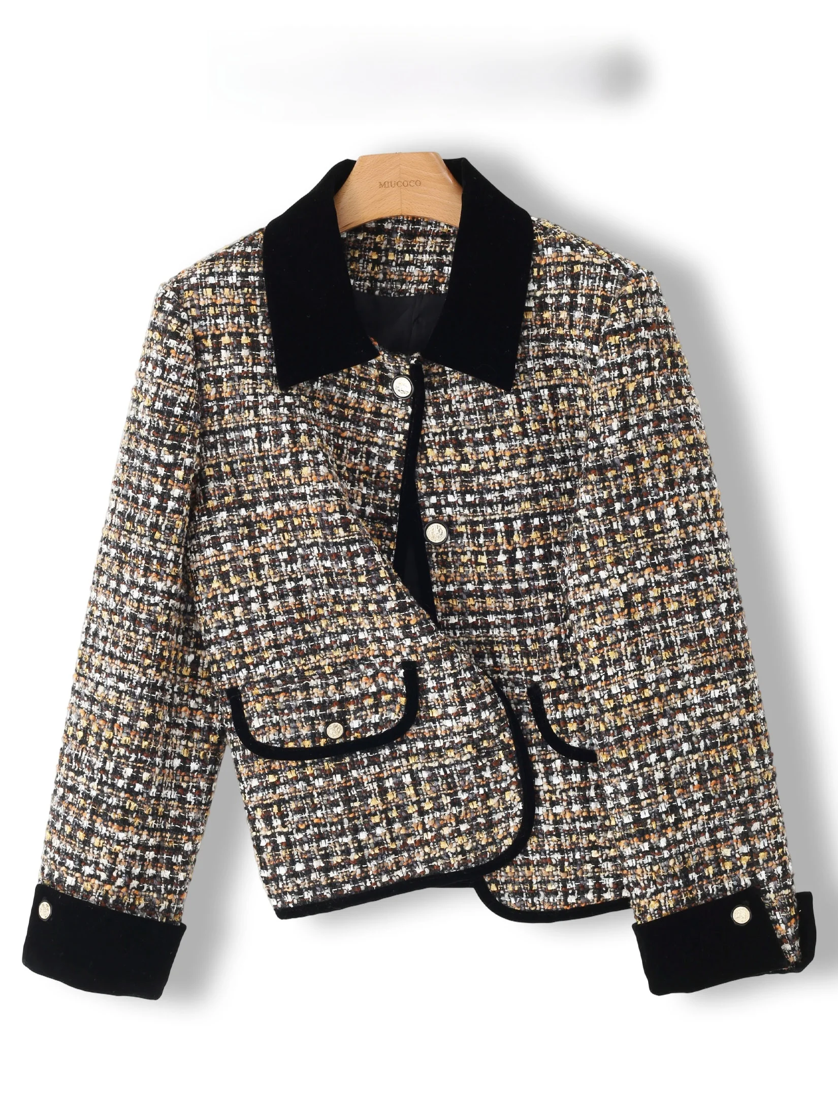 

Black Elegant Cotton Blend Short Coat for Women Stylish Tweed Fabric French Style Thickened Long Sleeve Button Closure Coat