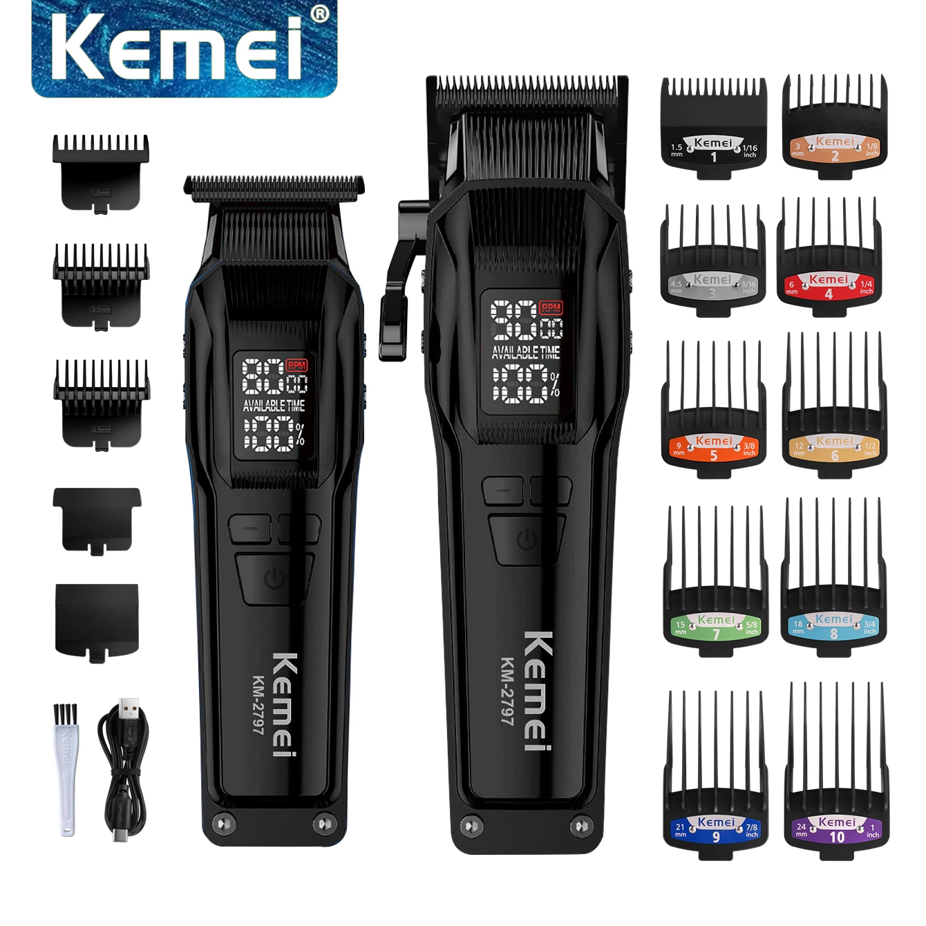 

Kemei Rechargeable Cordless Hair Clipper Set DLC Haircut Machine Electric Men's Beard & Hair Trimmer Barber Set KM-2797 Black