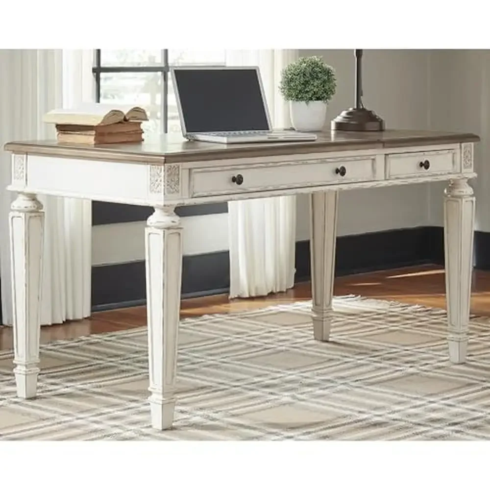 French Country 60-inch Home Office Desk USB Charging Chipped White Crafted Dovetail Drawer Spring Lift Top Elegant Design Legs