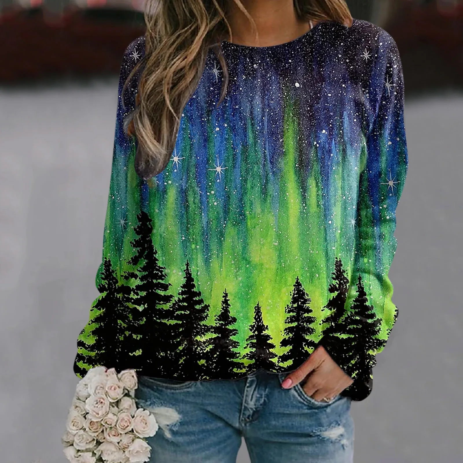 

Christmas Tree Aurora Traf Crew Neck Pullover Autumn Winter Loose Long Sleeves Tees for Women Ladies Sweatshirt Hoodies Gifts