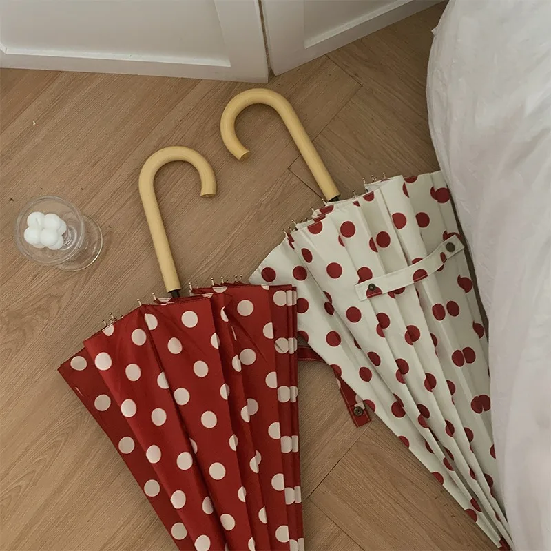 

Elegant Automatic Long-Handle Umbrella - One-Touch Open, Wind-Resistant with Polka Dot Canopy,Your Go-To Rain or Shine Companion