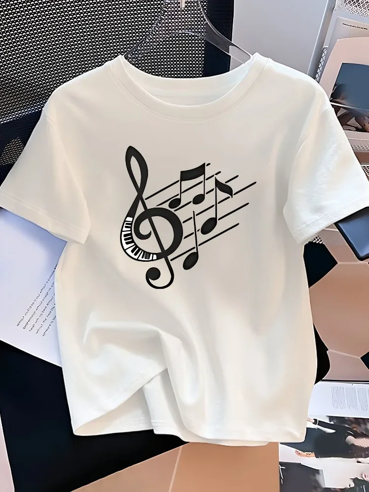2026 New Womens Casual Music Note Print T-Shirt Crew Neck Short Sleeve Music Symbol Pattern Summer Versatile Design Clothing