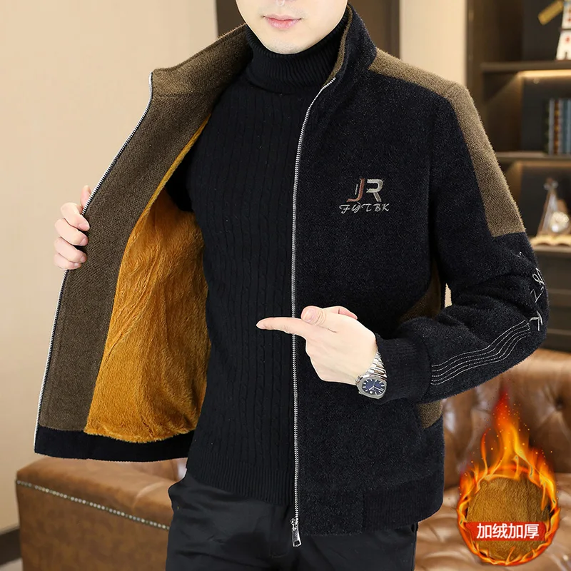 

Winter Plus Thick Mink Fur Woolen Jacket Men's Warm Casual Short Slim Wool Blends Coat Stand Up Collar Zipper Business Overcoat