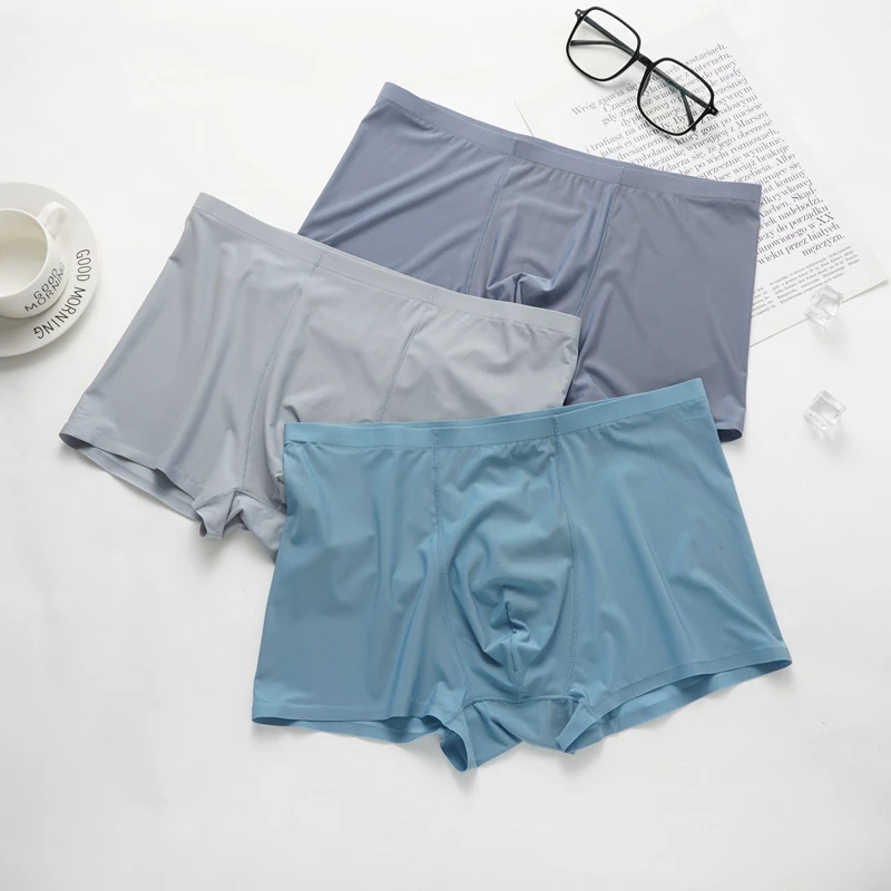 3PCS Men's Ice Silk Seamless Boxer Briefs Summer Casual Thin Shorts Panty Soft Intimate Underwear XL-3XL Male Solid Panties