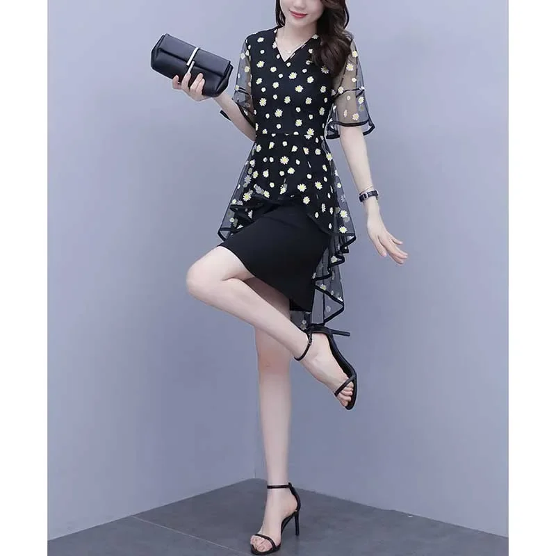 

Elegant Printed Irregular Fake Two Pieces Flare Sleeve Floral Dress Women Clothing Summer Loose Asymmetrical Mini Dress ZL287