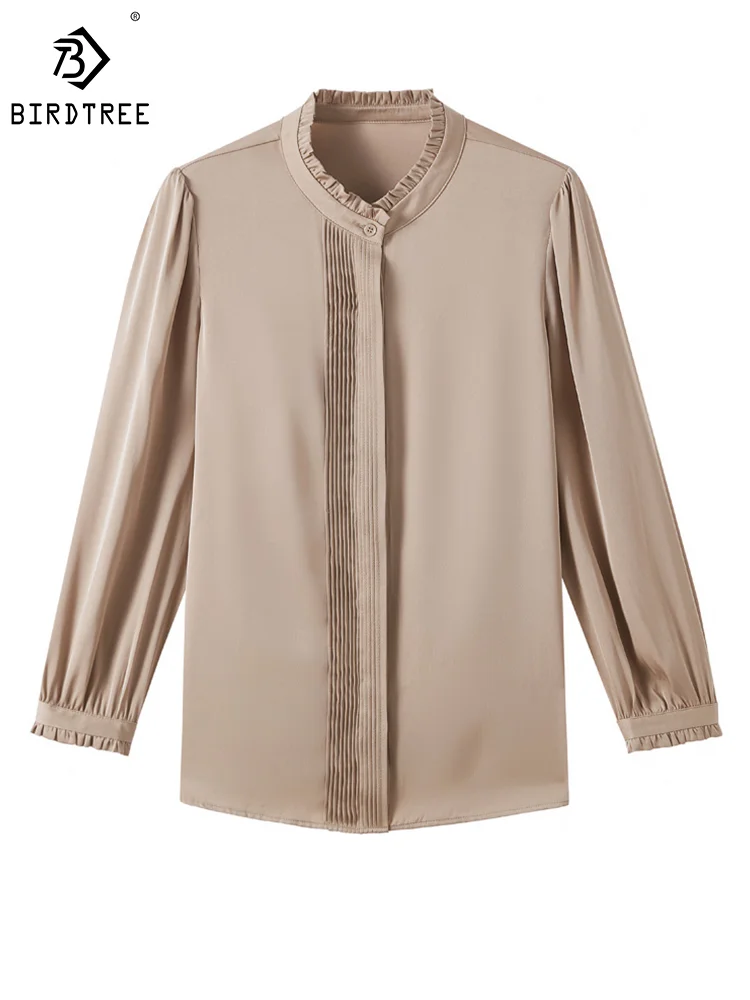 

BirdTree 91.2% Real Silk Shirt for Women, Ruched Collar Folds Long Sleeve, Elegant Fashion Blouses, 2024 Spring New Top T42871QM